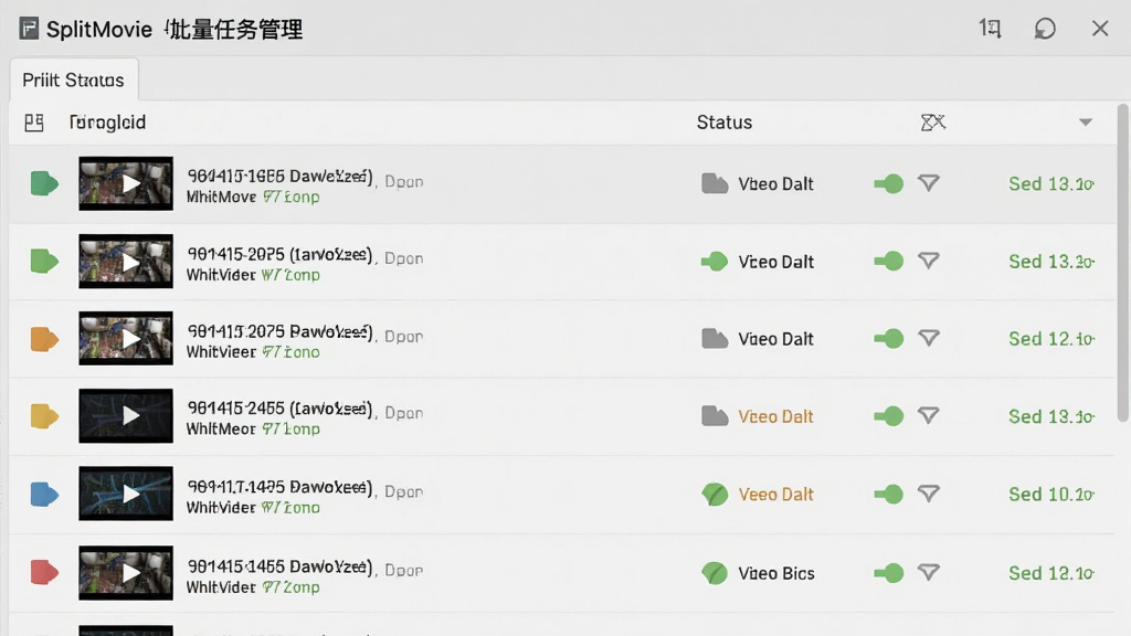 SplitMovie批量任务管理界面,列出多个视频文件及其处理状态,界面采用列表布局,状态图标彩色,背景为浅灰色,整体风格专业,画质清晰,无多余元素