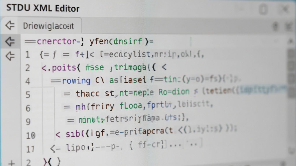 STDU XML Editor的代码编辑区特写,展示彩色语法高亮和折叠箭头,代码清晰可读,背景色调柔和,界面干净整洁,画质细腻