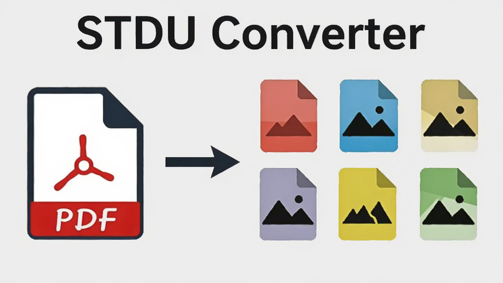 一张展示STDU Converter格式转换过程的示意图,左侧为PDF文件图标,右侧为多种图像格式图标,中间用箭头连接,背景为浅灰色,整体风格扁平化,清晰标注“STDU Converter”字样,画质干净,无多余元素