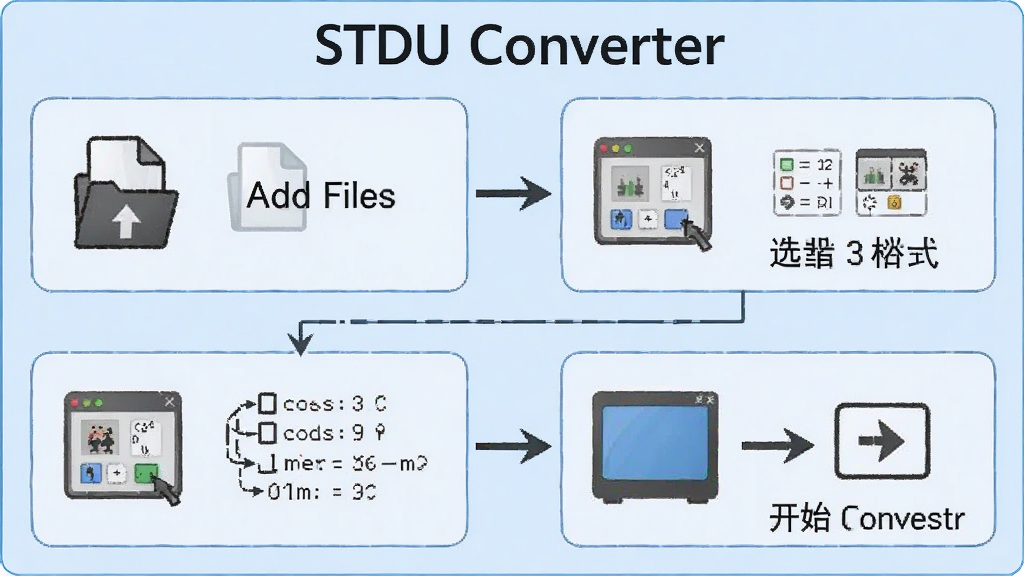 一张展示STDU Converter软件操作流程的步骤图,分四步,第一步添加文件,第二步选择格式,第三步设置参数,第四步开始转换,每步用图标表示,背景为浅蓝色,整体风格简洁明了,标注“STDU Converter”,画质干净,无多余元素