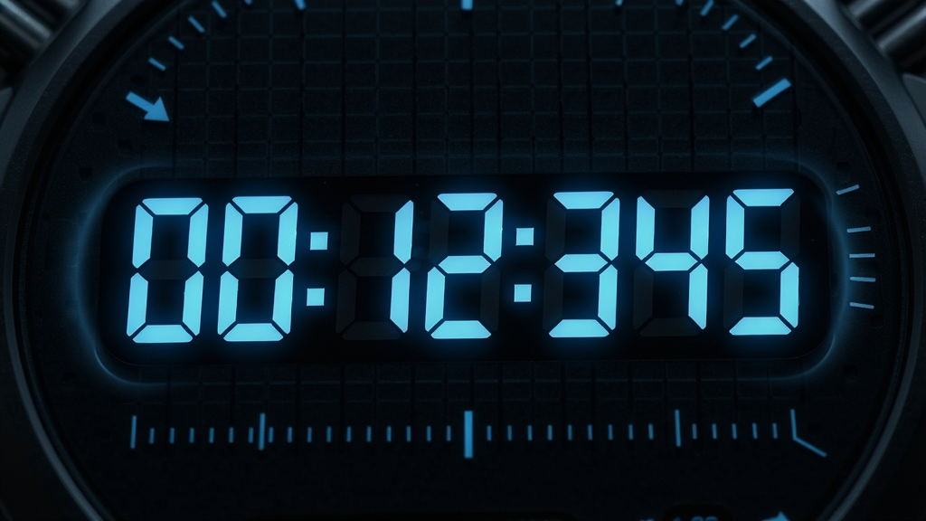 主体:一个秒表界面特写,显示“00:12:345”的毫秒级计时数字,背景为深色科技感。布局:数字居中,周围有微弱的光晕效果,下方有细小的刻度线。排版:数字字体为科技感数码管风格,清晰锐利。风格:深色背景,蓝色发光数字,未来感。细节:数字边缘有微光,背景有网格纹理,整体干净。画质:高清,无多余元素