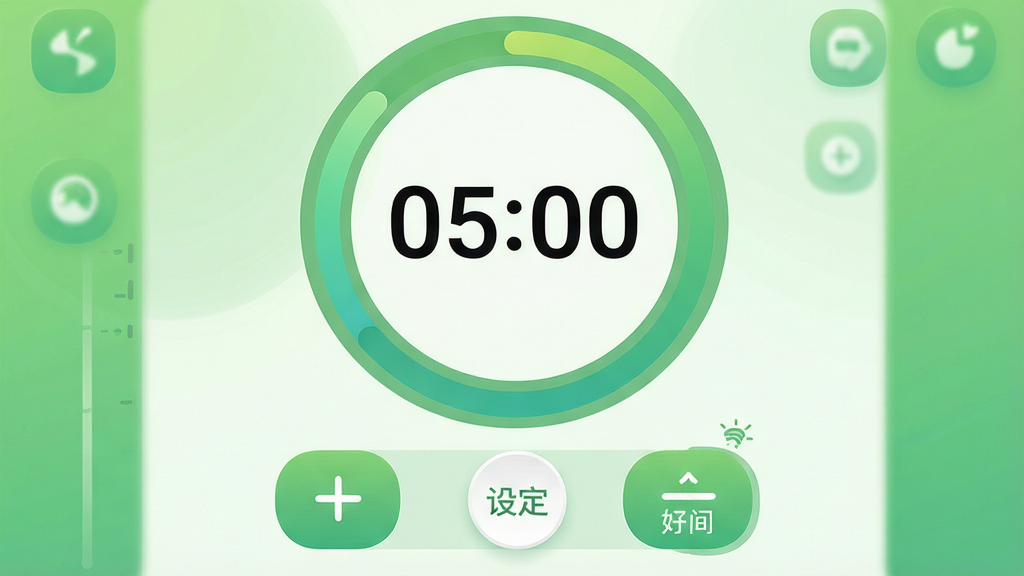 主体:秒表应用倒计时设置界面,显示一个圆形进度环,中间数字“05:00”,下方有设定时间调节器。布局:圆形进度环居中,时间数字在环内,调节器在下方。排版:大号时间数字居中,调节器为加减按钮。风格:清新绿色调,圆润图标。细节:进度环有渐变色彩,按钮有提示文字。画质:高清,干净,无多余元素