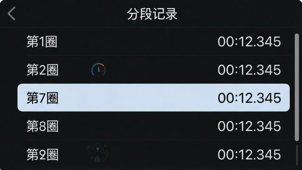 主体:秒表应用的分段记录列表界面,显示多个时间点数据,如“第1圈 00:12.345”。布局:列表从上到下排列,每行有圈数和时间,当前高亮行有浅色背景。排版:数据左对齐,时间右对齐,行间距适中。风格:浅色背景,简洁商务风。细节:有滚动条指示,顶部有“分段记录”字样。画质:清晰,干净,无多余元素