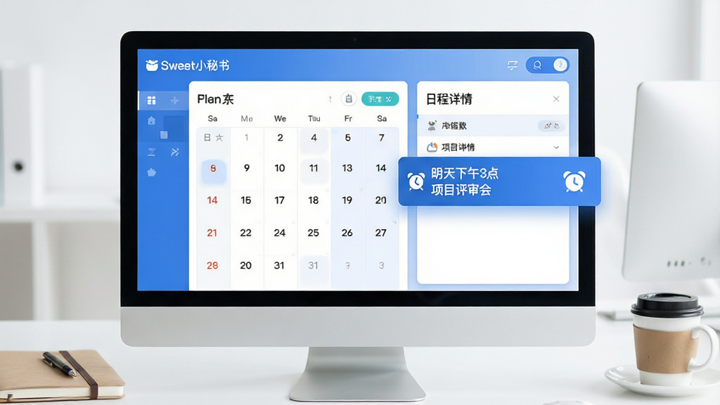 图片主题为Sweet小秘书的智能日程管理功能展示,主体为电脑屏幕上的软件界面,左侧显示日历视图,右侧为日程详情卡片。界面中有一个高亮的日程条目,标注“明天下午3点 项目评审会”,旁边有闹钟图标提示。整体布局简洁,色彩以蓝白为主,配以柔和的阴影效果,风格清新专业。背景为干净的办公桌面,有笔记本和咖啡杯,画面干净无杂物,画质清晰,突出功能实用性与视觉美观性。