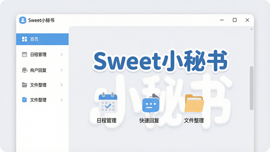 画面主体为Sweet小秘书软件的主界面展示,采用现代化扁平化设计风格,界面布局清晰,左侧为功能导航栏,右侧为内容展示区域。整体色调以清新的蓝色和白色为主,搭配浅灰色背景,营造出简洁高效的办公氛围。界面中央显示“Sweet小秘书”字样,字体圆润可爱,下方有日程管理、快捷回复、文件整理等图标排列。画面干净明亮,无多余元素,突出软件的专业与易用性,画质高清,适合作为软件介绍页的首图。