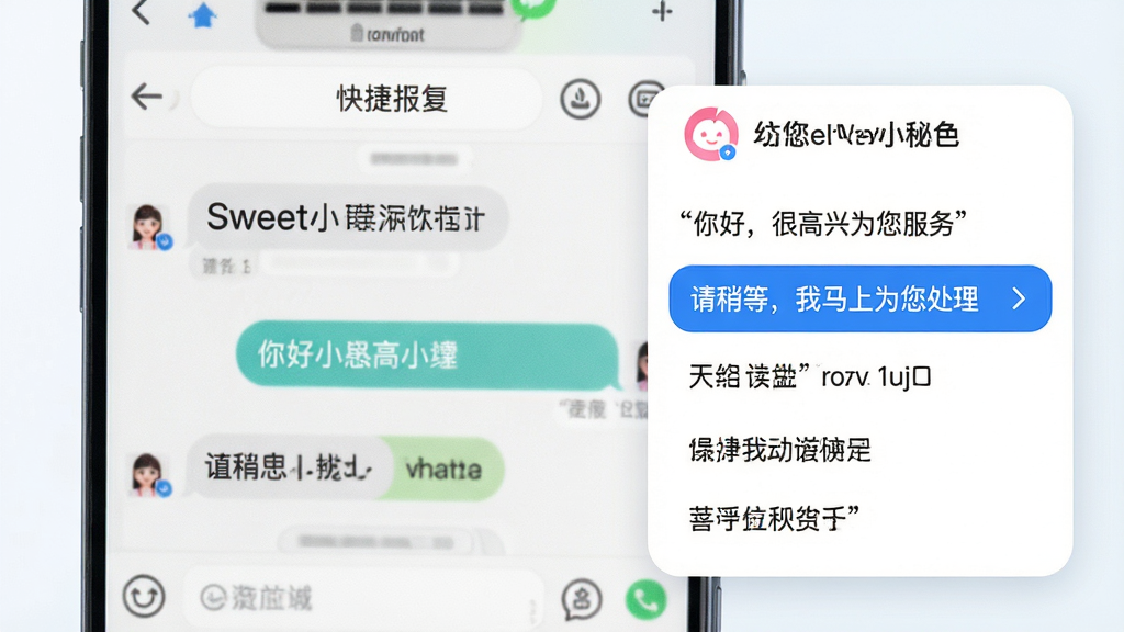 图片主题为Sweet小秘书的快捷回复功能,主体是聊天窗口界面,右侧悬浮着Sweet小秘书的快捷回复面板,面板中列出多条回复短语,如“你好,很高兴为您服务”、“请稍等,我马上为您处理”等。界面设计简洁,回复面板采用圆角矩形,白色背景,蓝色高亮选中的回复项。整体风格偏向即时通讯工具,色彩清新,布局合理,画面干净,无多余元素,画质高清,体现功能的便捷与高效。