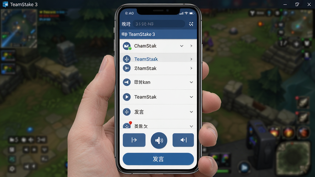 主体:用户在手机上使用 TeamSpeak 3 的界面,显示频道列表和语音按钮。布局:手机屏幕居中,展示移动端界面,上方为频道列表,下方为控制按钮。排版:清晰的列表布局,底部有