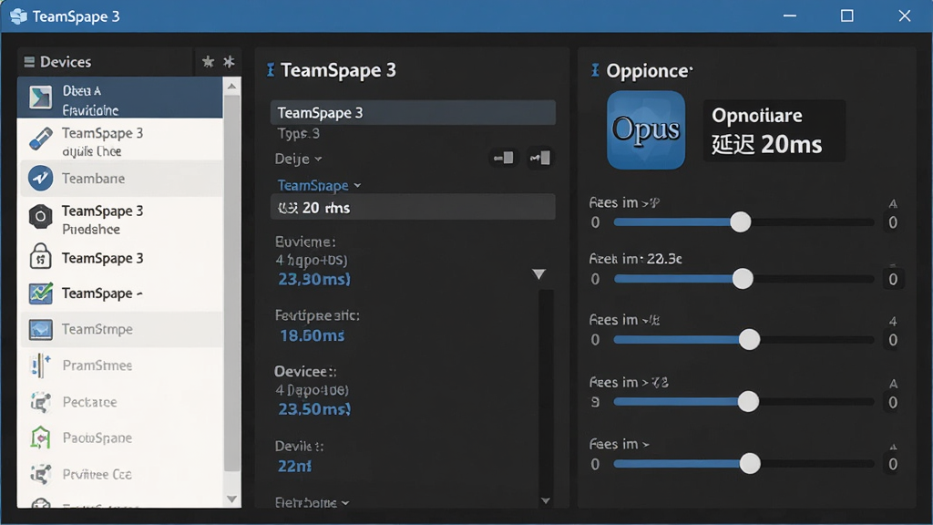 主体:TeamSpeak 3 音频设置面板,展示编解码器选项和延迟数值。布局:居中显示设置窗口,左侧为设备列表,右侧为音频质量滑块。排版:简洁的窗口设计,包含