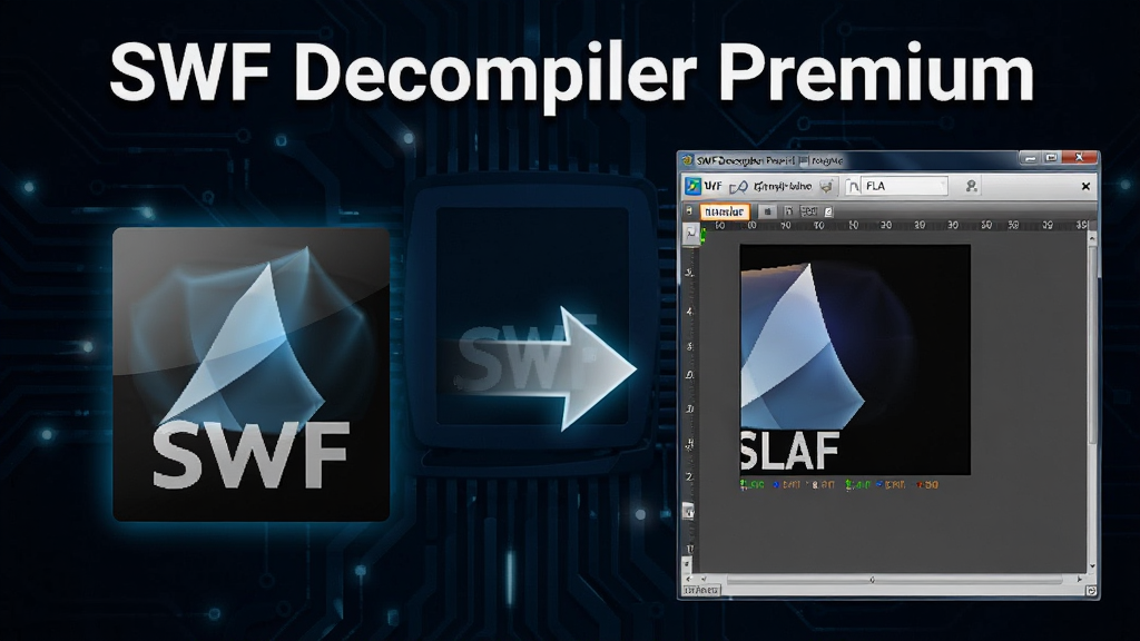 չʾSWF Decompiler Premium��SWF�ļ�������ΪFLA�����ļ��ĶԱ�Ч��ͼ�����ΪSWFͼ�꣬�Ҳ�ΪFLA�༭���棬�м��ü�ͷ���ӣ�����Ϊ��ɫ�Ƽ��з��ͼƬ���ֱ�ע