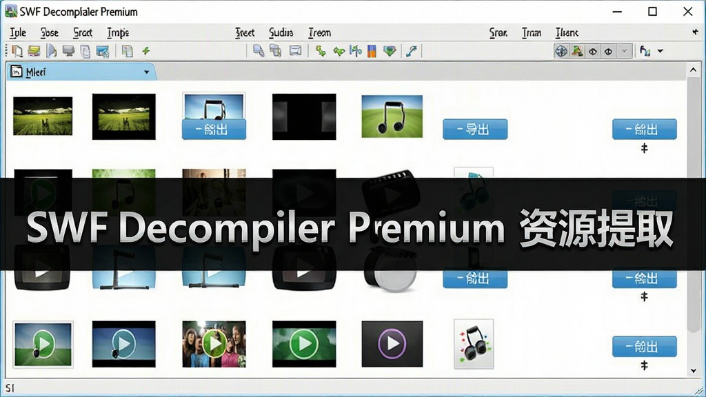 һ��SWF Decompiler Premium��Դ��ȡ�����ͼ��չʾ����������Դ�ļ��б�������ͼƬ����Ƶ����Ƶ�ȣ�ÿ���ļ����е�����ť����������ˬ����ɫ������ͼƬ���ֱ�ע