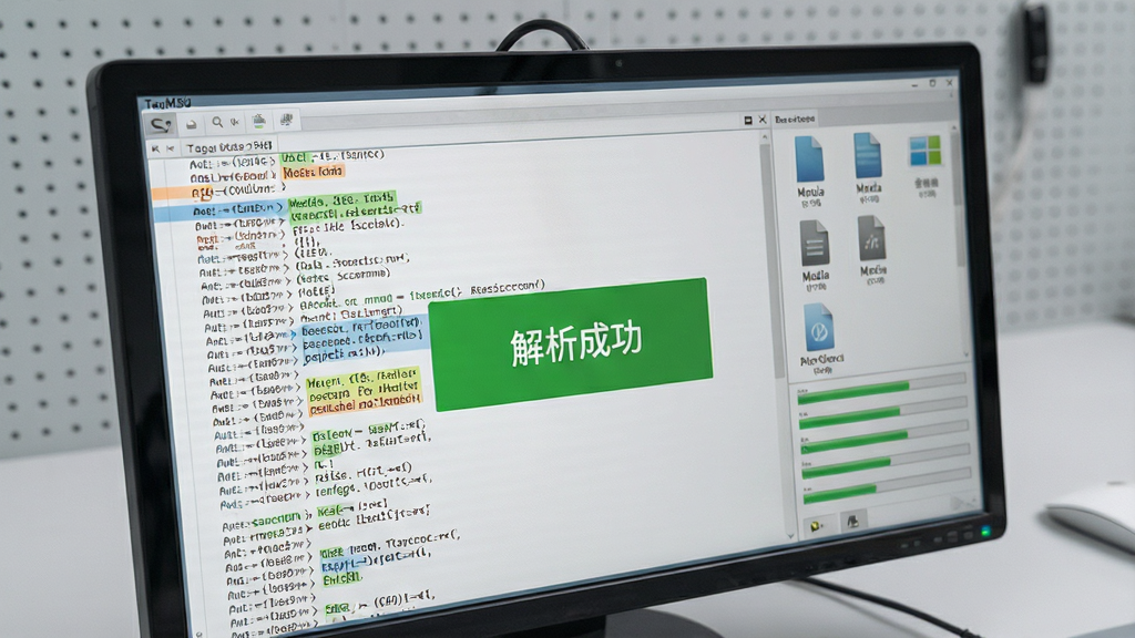 TagM3U软件解析界面特写,屏幕上有大量代码流和媒体文件图标正在被扫描识别,中间显示