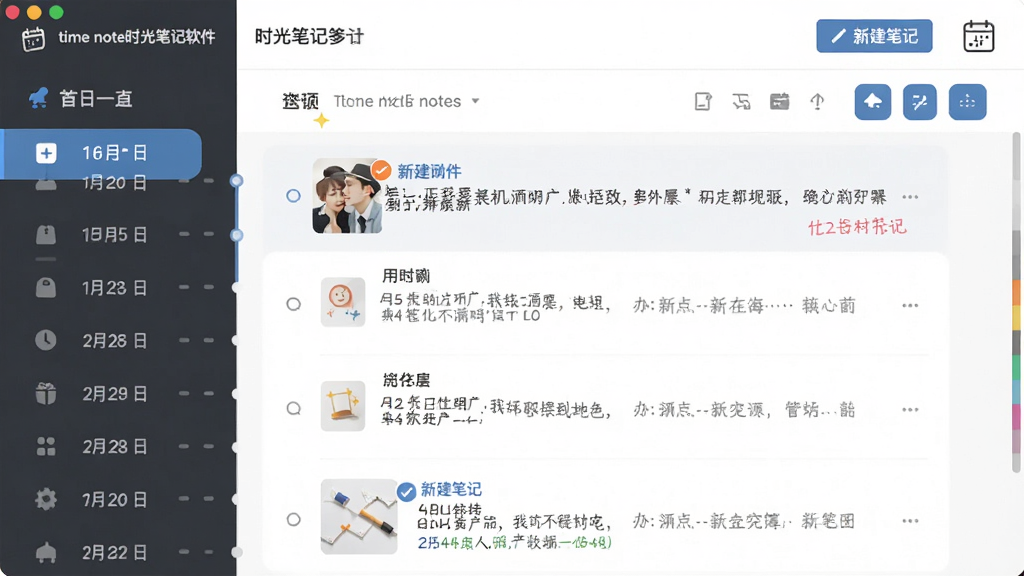 主体:time note时光笔记软件主界面,展示时间轴与笔记列表,布局:左侧为日期导航栏,右侧为笔记编辑区,排版:简洁清晰,风格:扁平化现代设计,细节:界面包含“新建笔记”按钮和日历图标,画质:高清,干净,无多余元素