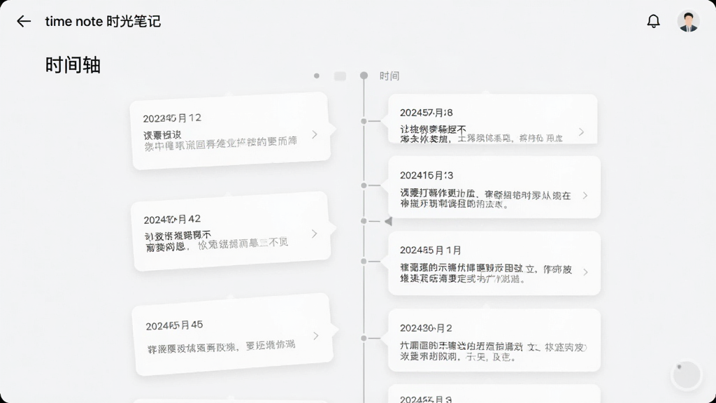 主体:time note时光笔记的时间轴界面,布局:垂直时间线串联多个笔记卡片,排版:卡片式布局,风格:简约商务风,细节:每张卡片显示日期和摘要,界面标注“时间轴”字样,画质:清晰,干净,无多余元素