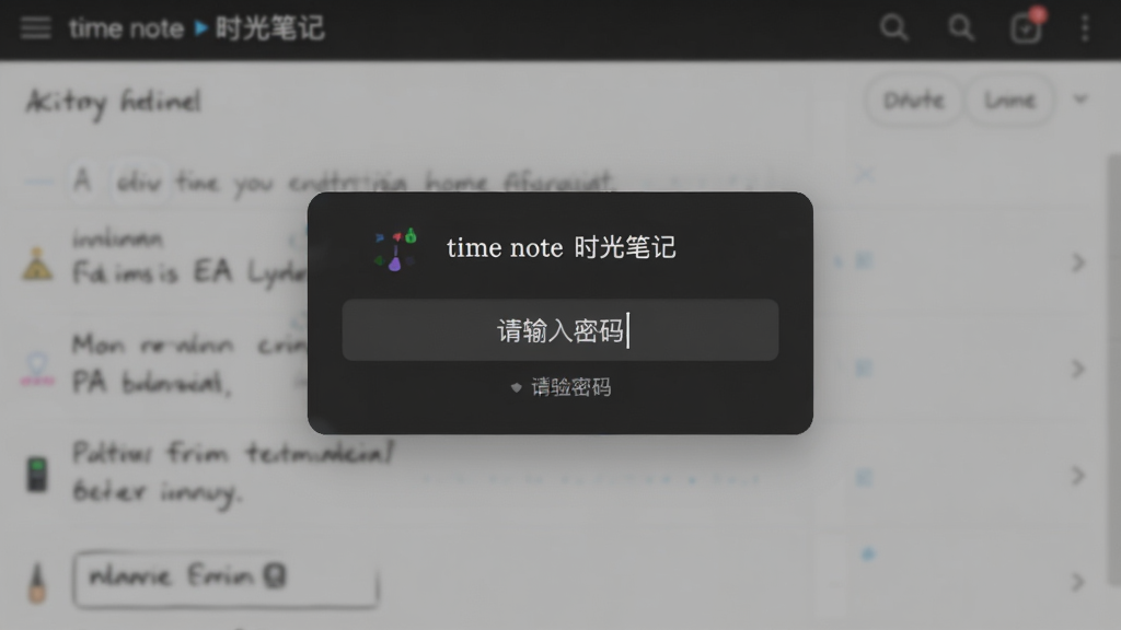 主体:time note时光笔记的加密笔记界面,布局:中央为密码输入框,背景为模糊的笔记列表,排版:居中弹窗,风格:深色简约风,细节:输入框标注“请输入密码”,画质:清晰,干净,无多余元素