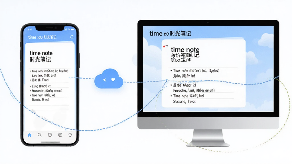 主体:time note时光笔记的云同步示意,布局:手机和电脑屏幕同时显示相同笔记内容,排版:左右对称,风格:科技感扁平化,细节:屏幕之间有云朵图标连接,画质:高清,干净,无多余元素