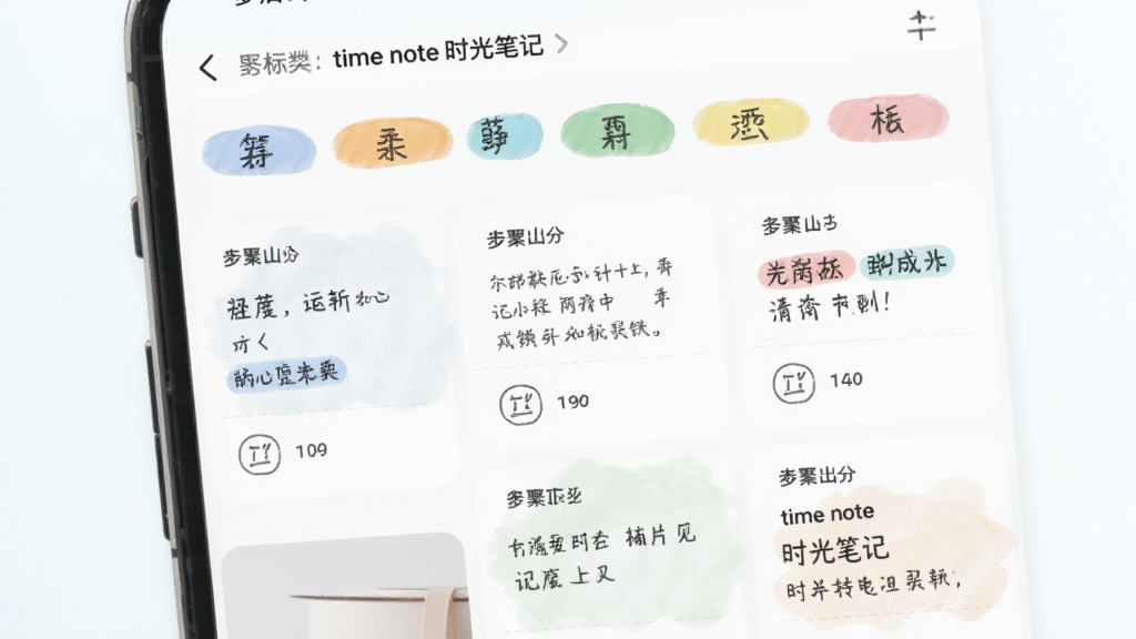 主体:time note时光笔记的标签分类界面,布局:顶部标签栏,下方为对应笔记瀑布流,排版:网格布局,风格:清新浅色系,细节:标签用彩色圆角矩形展示,画质:柔和,干净,无多余元素
