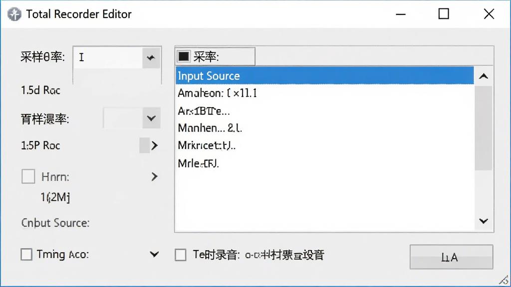 Total Recorder Editor录音设置面板,显示采样率选择、输入源列表、定时录音选项,界面布局规整,蓝色高亮当前选项,浅灰背景,清晰标注文字,高画质,干净无多余元素