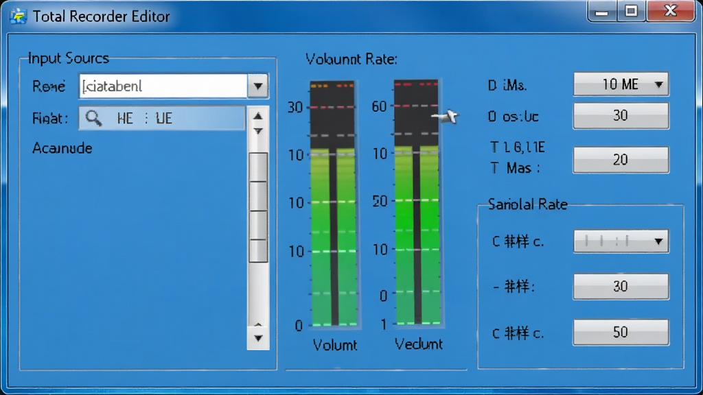 Total Recorder Editor录音设置界面,显示输入源选择、音量电平表、采样率设置,界面清晰,蓝色调,高分辨率,干净无多余元素