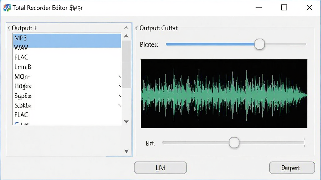 Total Recorder Editor格式转换对话框,显示输出格式列表,MP3、WAV、FLAC等选项,比特率滑块调节,波形预览窗口,界面清晰,现代风格,高分辨率,干净无多余元素