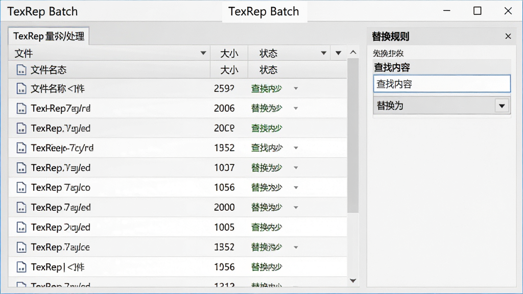 主体:TexRep批量文件处理界面;布局:文件列表居中,替换规则面板在右侧;排版:表格形式展示文件状态;风格:商务简洁风,浅灰底色;细节:文件列表显示文件名、大小、状态,替换规则包含“查找内容”和“替换为”,文字标注“TexRep Batch”;画质:高清,干净,无多余元素