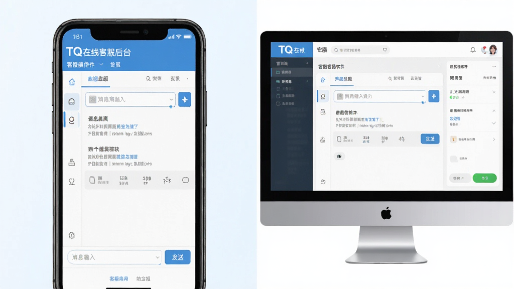 TQ在线客服软件在手机与电脑上的应用界面拼图,主体为客服操作后台,布局为上下对比,风格简洁明快,细节展示消息输入框与发送按钮,画质清晰干净,无多余元素