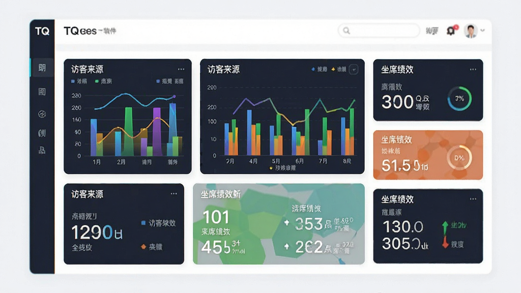 TQ在线客服软件后台数据分析大屏展示,主体为彩色图表与数据卡片,布局错落有致,风格现代简约,细节显示访客来源与坐席绩效数字,高清晰度,画面干净无多余元素