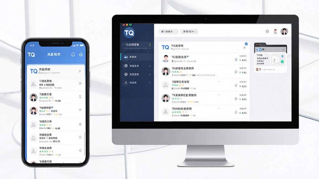 一张TQ在线客服软件的多设备同步界面预览图,主体为手机与电脑并排显示统一客服工作台,布局为左右分屏,排版整洁,风格清新商务,细节突出消息聚合列表与头像标识,画质细腻干净,无多余元素