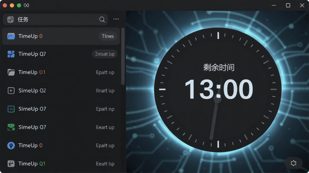 TimeUp软件主界面展示,深色主题,左侧为任务列表,右侧为圆形倒计时表盘,中央大字显示剩余时间,背景有淡蓝色科技光效,整体风格现代简洁,UI设计干净,画质清晰,无多余元素