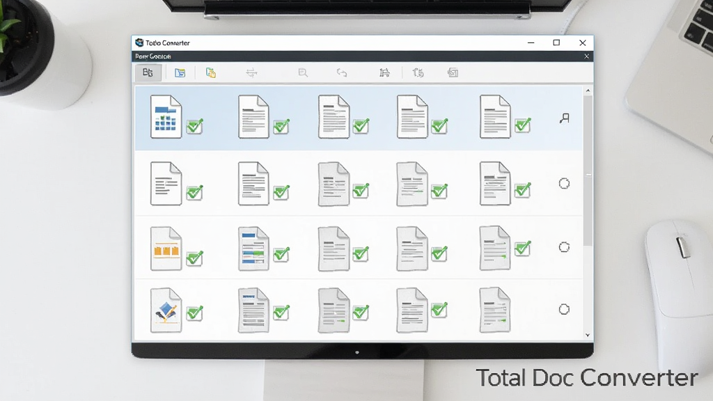 չʾTotal Doc Converter���������ļ��Ľ��棬����������һ����������ĵ�ͼ����б���ÿ���ļ�����״̬��ѡ��ǣ�����Ϊ�ɾ��İ�ɫ����̨���������ơ�Total Doc Converter����ˮӡ��ʽ�������½ǣ�������רҵ���������ʸɾ����޶���Ԫ�ء�