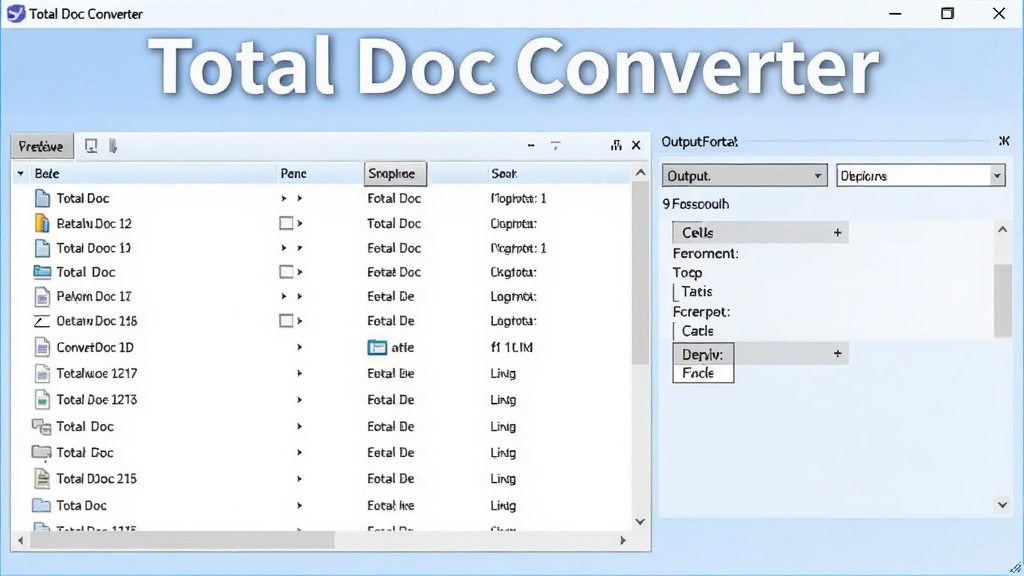 ͼƬչʾTotal Doc Converter���������棬���沼�����������Ϊ�ļ��б������Ҳ�Ϊ�����ʽѡ�����򣬱���Ϊ��͵�ǳ��ɫ�����������Լ�ִ����������ơ�Total Doc Converter������Ŀ�ı�����ʽ���ڴ��ڶ��������ʸɾ����޶���Ԫ�ء�