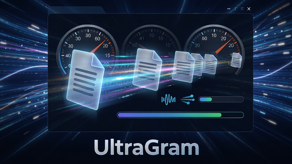 展示UltraGram软件传输界面的概念图,主体为多个文件正在高速传输的动画效果,带有速度仪表盘和进度条,背景为流动的光速线条,界面下方有“UltraGram”的英文标识,整体布局动感,风格充满科技感,细节精致,画质清晰