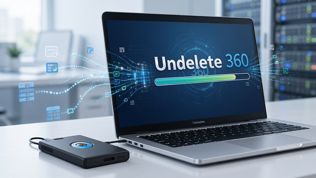һ̨�ʼǱ������Ա߷���һ������Ӳ�̣���Ļ����ʾUndelete 360���ڽ������ɨ�裬�����������ɼ�����Χ�������������Ӿ�Ч����������Ƽ���ʮ�㣬����ɾ�������ͻ����������Undelete 360�����������ʸ��壬�޶���Ԫ��