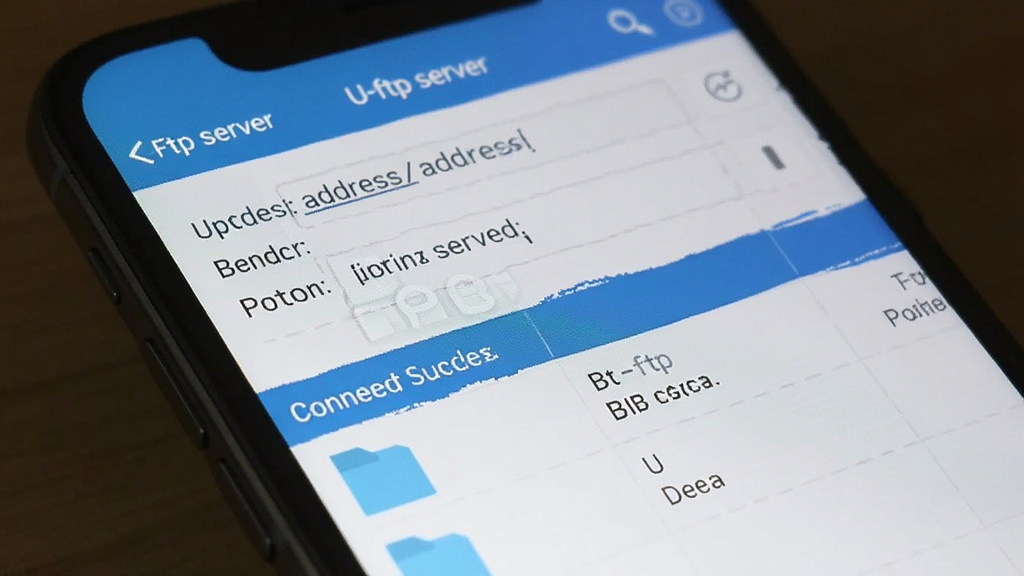 U-ftp server手机连接界面截图,显示手机FTP客户端软件,输入服务器地址和端口,连接成功显示文件列表,移动界面风格,浅色背景,画质清晰