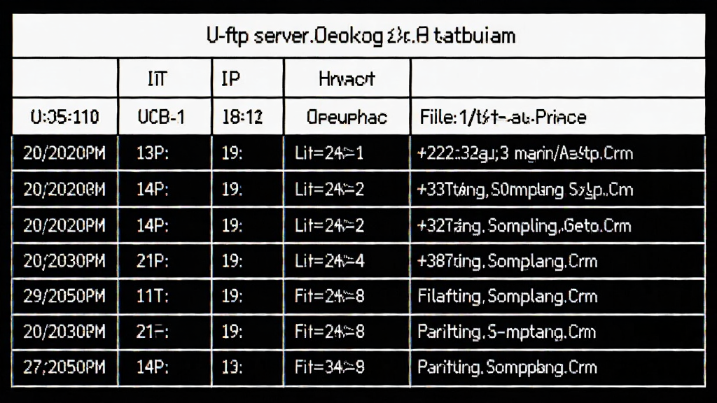U-ftp server日志记录表格,包含时间、用户、IP、操作类型、文件路径等列,表格样式,白底黑字,监控风格,画质锐利