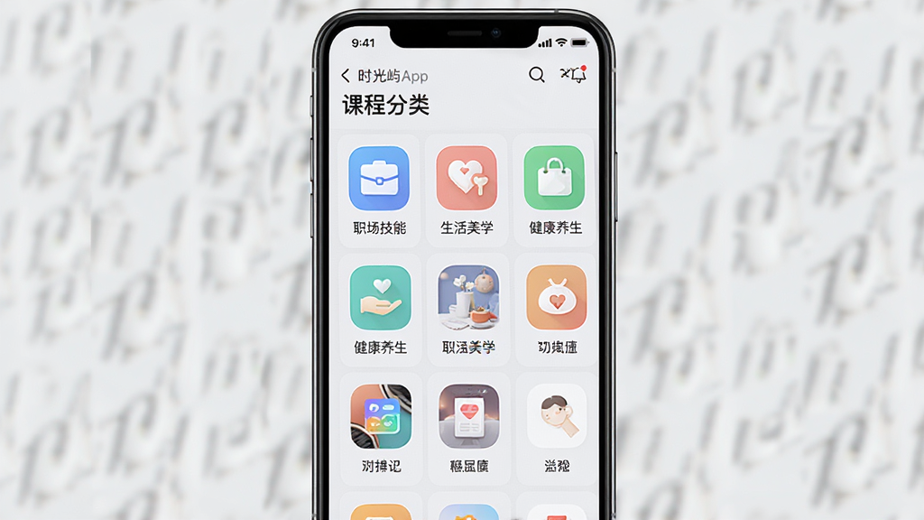 ͼƬ����Ϊ�ֻ���Ļ����չʾʱ����App�Ŀγ̷���ҳ�棬��Ļ�����������Ŷ����ɫͼ�꣬�ֱ��ע��ְ�����ܡ�����������ѧ���������������������������ֲ���������ʽ��ÿ��ͼ���·��м�����ơ�������Ϊ�ִ�UI��ƽ�ͼ��񣬱���Ϊǳ��ɫ����Ļ���У��������ף������������������������ɶ����ɾ��޶���Ԫ�ء�