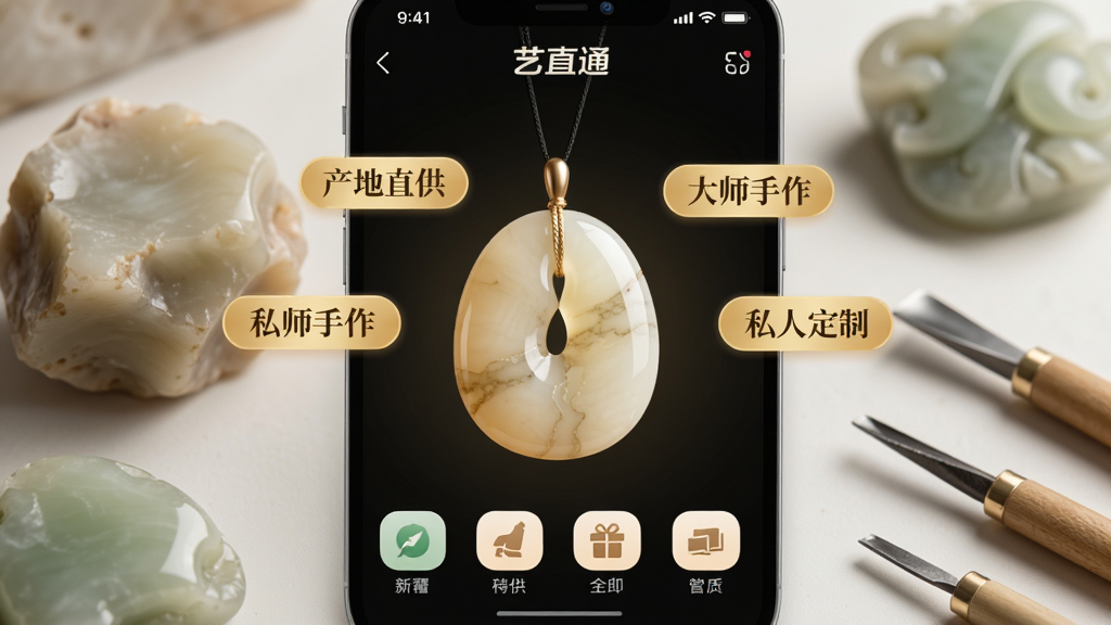 画面主体为“艺直通”APP界面的高清渲染图,背景为柔和的新疆和田玉原石与玉石雕刻工具,界面中央展示一块温润的羊脂白玉吊坠,周围环绕着“产地直供”、“大师手作”、“私人定制”等金色标签,整体布局简洁大气,风格典雅商务,细节包括玉石纹理与APP功能图标,画质细腻干净,无多余元素