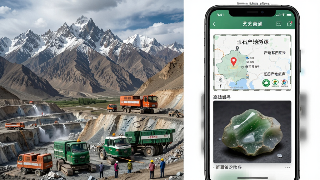 图片主体为新疆和田玉矿区实景与“艺直通”APP产地溯源功能界面,布局为左右分屏,左侧是巍峨的昆仑山脉与开采现场,右侧是手机APP显示的玉石产地证书与高清原石照片,排版清晰,风格纪实,细节包括地图定位、矿区编号与鉴定机构logo,画质高清干净,无多余元素