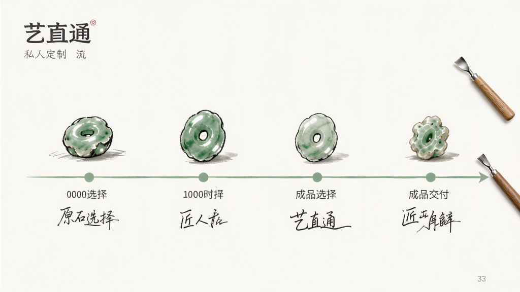 画面主体为“艺直通”APP的私人定制流程界面,展示从原石选择到成品交付的四个步骤,布局为横向时间轴,配以手绘风格的和田玉设计草图与雕刻工具,色彩淡雅,风格简约现代,细节包括每一步的时期与匠人签名,画质干净无多余元素