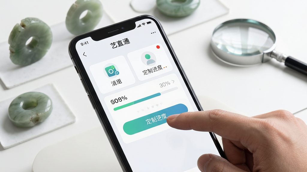 画面主体为手机屏幕上的“艺直通”APP操作界面,手指正点击“定制进度”按钮,界面显示清晰的功能分区与进度条,背景为简约工作台,摆放着玉石样品与放大镜,布局重点突出,风格干净实用,细节包括消息提示红点与进度百分比,画质高清,无多余元素