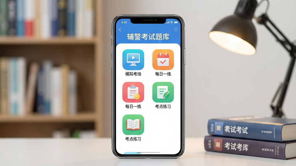 画面主体为一部亮屏的智能手机,屏幕中央清晰显示“辅警考试题库”APP界面,界面内有“模拟考场”、“每日一练”、“考点练习”等彩色功能图标,背景为虚化的书架和台灯,整体布局居中,排版整洁,风格写实且明亮,细节展现APP图标与考试相关书籍元素,画质高清干净,无多余物品