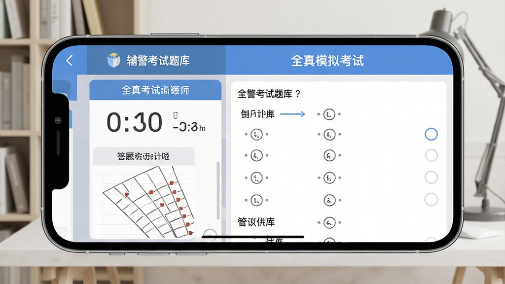手机横屏展示“辅警考试题库”模拟考场界面,屏幕左侧显示倒计时与答题卡,右侧为单项选择题,顶部写着“全真模拟考试”,背景为干净的书房环境,主体为APP界面截图风格,布局规整,风格简约扁平化,细节展示考试计时与题目选项,画质清晰无杂物