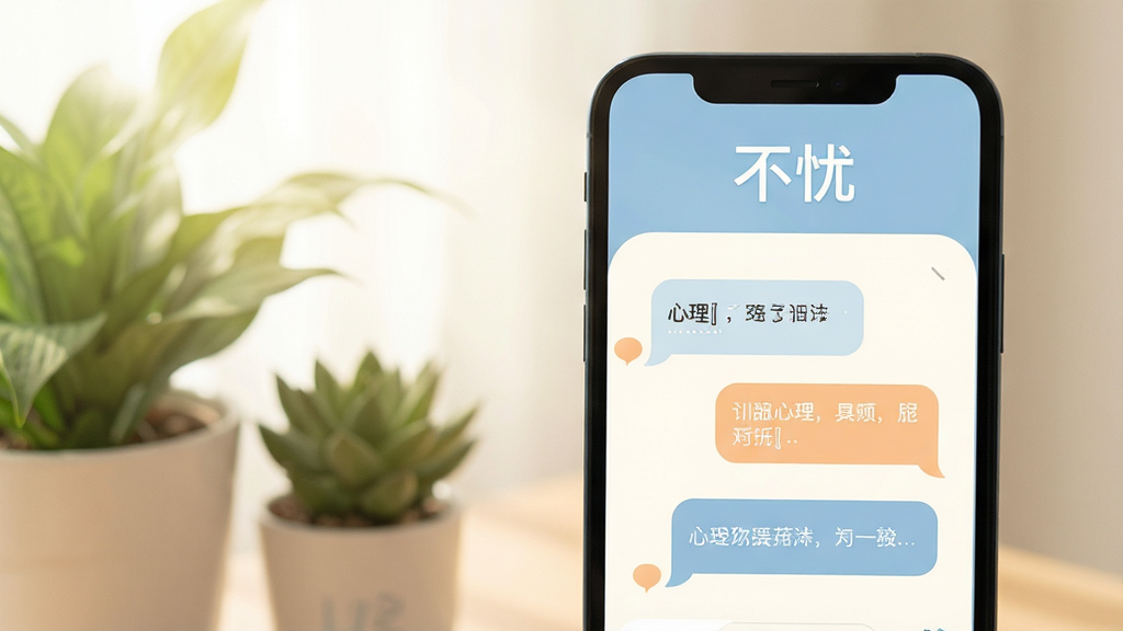 一张温暖治愈风格的图片,主体是手机屏幕亮着不忧APP的界面,界面显示着柔和的心理对话气泡。布局上手机位于画面中央偏右,左侧留白配以绿植和柔光。排版采用上下结构,上方是APP名称“不忧”二字,下方是对话界面。风格为扁平化插画,色彩以淡蓝和暖白为主。细节上突出心理对话的温馨感,画质清晰干净,无多余元素。