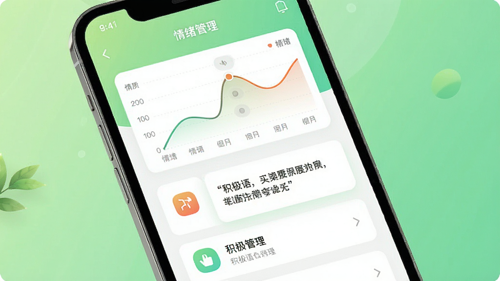 一张清新明快的图片,主体是手机屏幕展示不忧APP的情绪管理界面。布局采用手机竖屏展示,界面中有情绪曲线图和积极语录卡片。排版为列表式,清晰展示各项功能图标。风格为简约UI设计风,背景是柔和的渐变绿色。细节上突出功能清晰、易于上手的特点,画质干净,无多余元素。