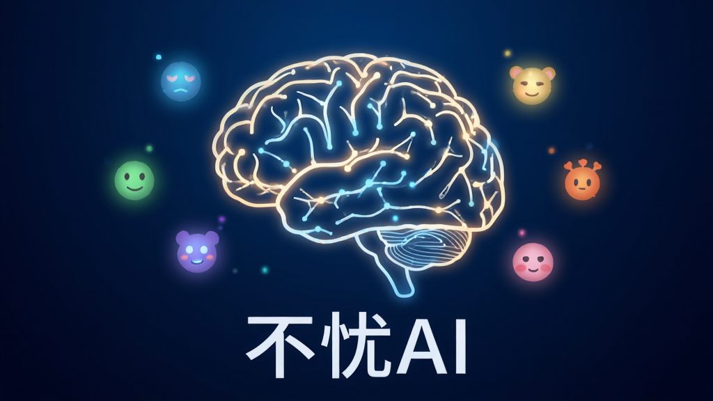 一张科技感与温和感并存的图片,主体为AI大脑与心理元素的结合。布局采用中心构图,一个发光的神经网络形状的人脑轮廓位于画面中央,周围环绕着代表情绪的五彩光点。排版上,脑部下方显示“不忧AI”字样。风格为抽象科技风,背景为深蓝色渐变。细节上突出智能分析与心理疗愈的融合,画质高清,干净无多余元素。
