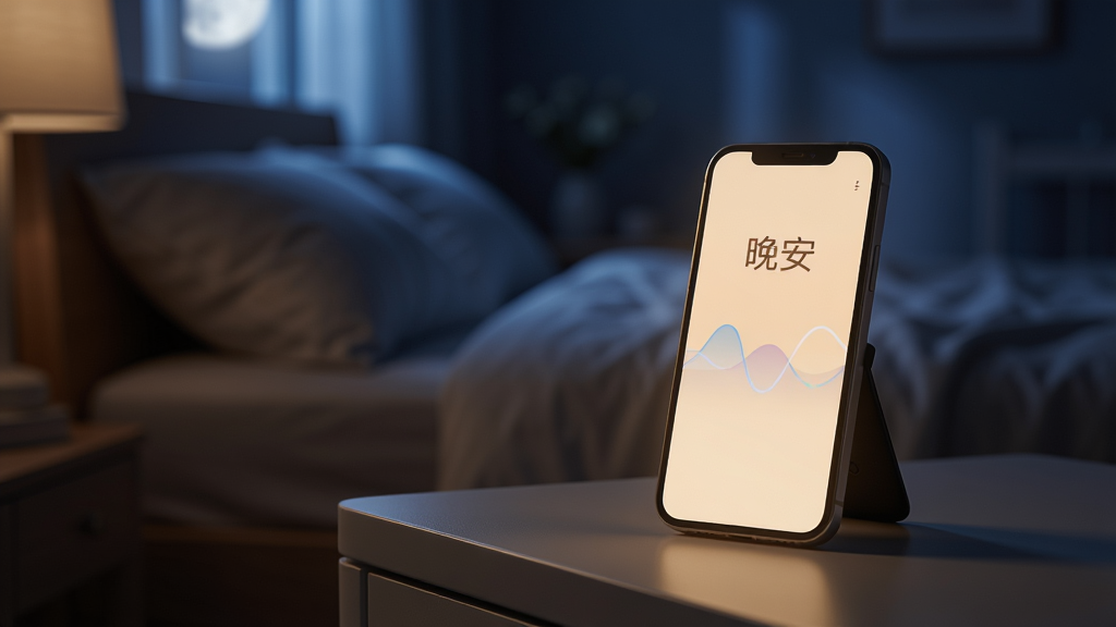 一幅静谧的夜晚卧室场景图,主体是床头柜上放着正在运行不忧APP的手机,屏幕发出柔和光芒。布局采用平视视角,手机为视觉焦点,背景是模糊的床铺和月光。排版简洁,屏幕上显示“晚安”与波形线条。风格为写实摄影风,色调以深蓝和暖黄为主。细节上突出宁静、安心的睡眠氛围,画质干净,无多余元素。