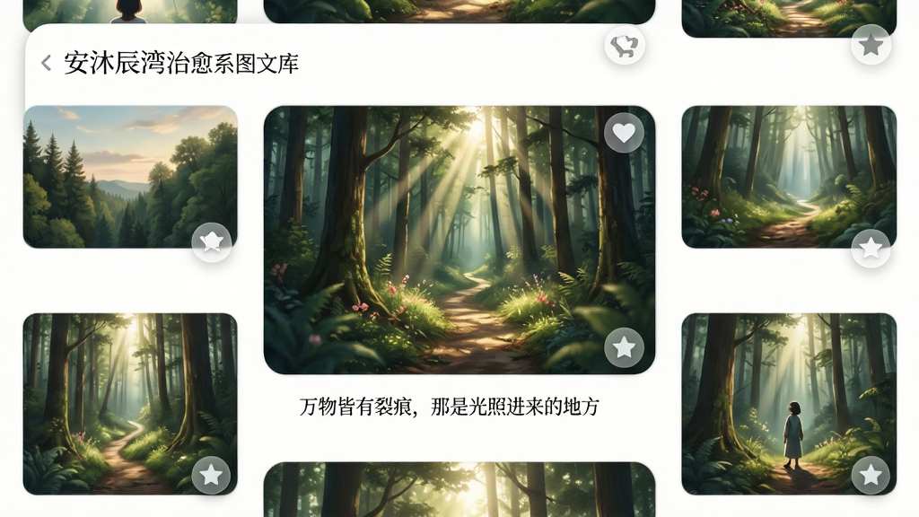 安沐辰湾治愈系图文库界面,屏幕以网格形式展示多张图片,其中一张是森林中透过阳光的小路,图片下方有短句“万物皆有裂痕,那是光照进来的地方”,风格清新文艺,细节包括图片圆角、悬浮收藏按钮,画质高清干净