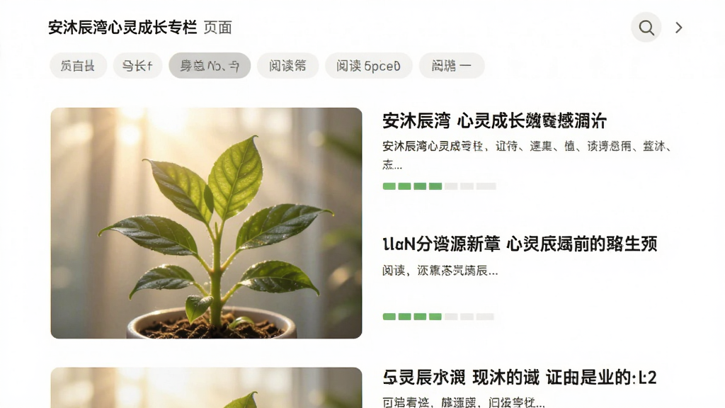 安沐辰湾心灵成长专栏页面,屏幕上方显示分类标签,下方是文章列表,配图是一株在晨光中生长的绿植,风格简约现代,细节包括文章标题加粗、阅读进度条,画质干净无多余元素