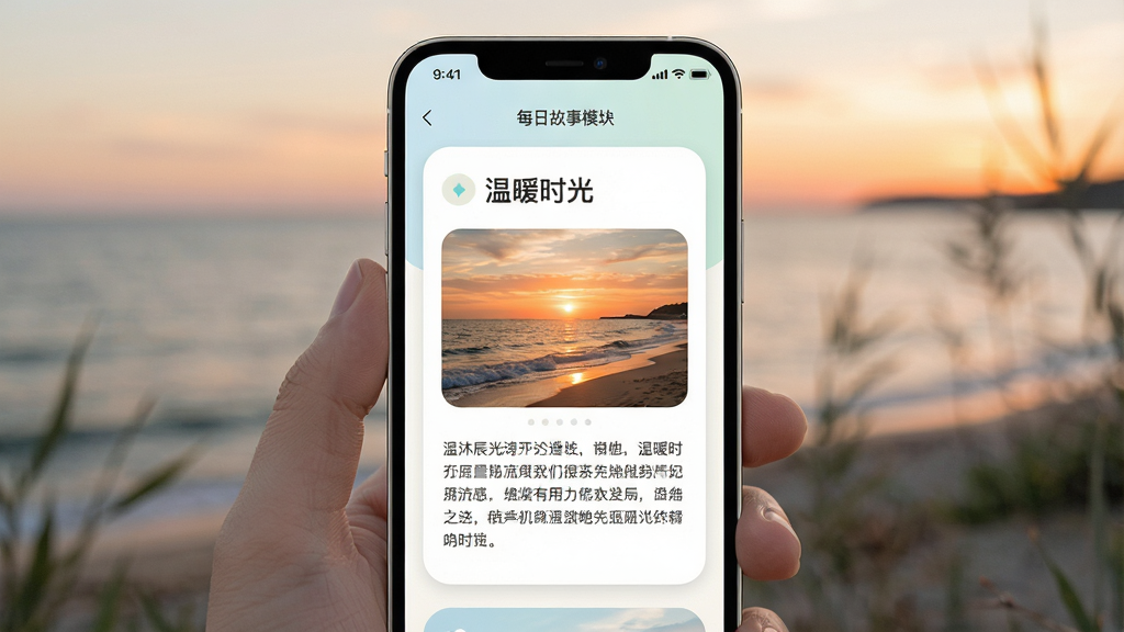 安沐辰湾应用界面展示每日故事模块,手机屏幕中心显示一篇标题为“温暖时光”的文章,配图是夕阳下的海边,界面布局清晰,风格清新自然,细节包括故事卡片圆角设计、柔和配色,画质高清干净,无多余元素