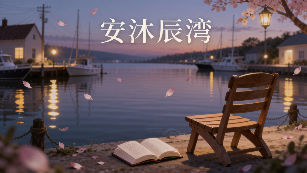 画面以“安沐辰湾”为主体,一个宁静的港湾在暮色中,水面倒映着暖黄色的灯光,岸边有一把木椅和一本摊开的书,整体布局居中,排版简洁,风格治愈系插画,细节包括柔和的光晕、飘落的花瓣,画质细腻干净,无多余元素