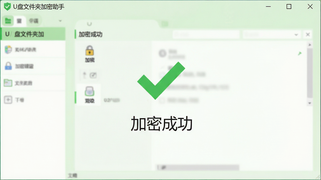 主体:“U盘文件夹加密助手”软件运行截图,展示加密成功界面。布局:屏幕中央一个绿色对勾图标,下方显示“加密成功”字样,背景为软件主界面。排版:简洁,突出成功提示。风格:清新风格,浅绿和白色调。细节:软件名称“U盘文件夹加密助手”出现在顶部标题栏。画质:高清,干净,无多余元素。